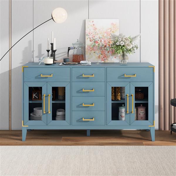 6-drawer and 2-Cabinet Retro Sideboard with Extra Large Storage Space, with ld Handles and Solid Wood Legs, for Kitchen and Living Room (Antique Blue)