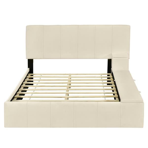 Full Size Upholstered Platform Bed with Lateral Storage Compartments and Thick Fabric, Velvet, Beige