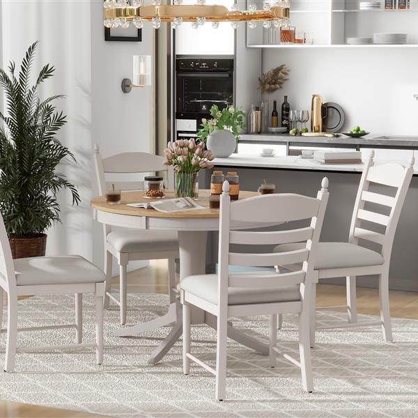 5-Piece Retro Functional Dining Table Set Wood Round Extendable Dining Table and 4 Upholstered Dining Chairs (Off White)