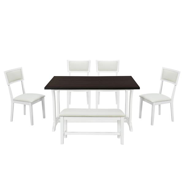 Farmhouse 6-Piece Trestle Dining Table Set with Upholstered Dining Chairs and Bench, 59inch, White