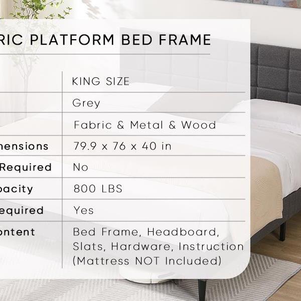 King Size Platform Bed Frame with Fabric Upholstered Headboard and Wooden Slats, No Box Spring Needed/Easy Assembly, Dark Grey