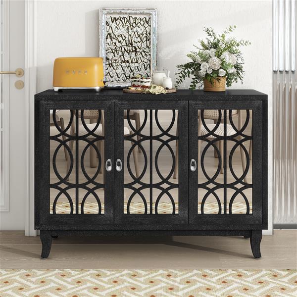 Sideboard with Glass Doors, 3 Door Mirrored Buffet Cabinet with Silver Handle for Living Room, Hallway, Dining Room (Black)