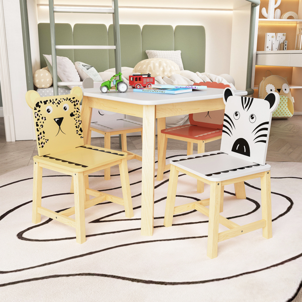 5 Piece Kiddy Table and Chair Set , Kids Wood Table with 4 Chairs Set Cartoon Animals (bigger table) (3-8 years old) 