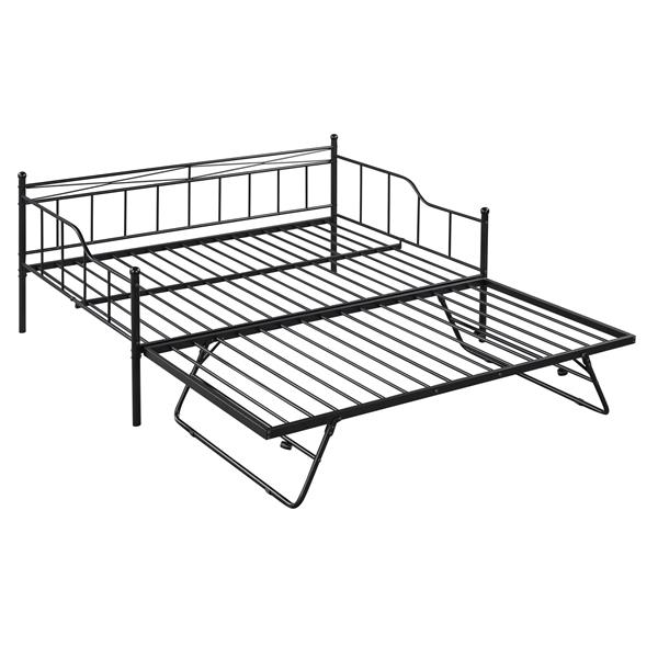 Full Size Metal Daybed with Twin Size Adjustable Trundle, Portable Folding Trundle, Black