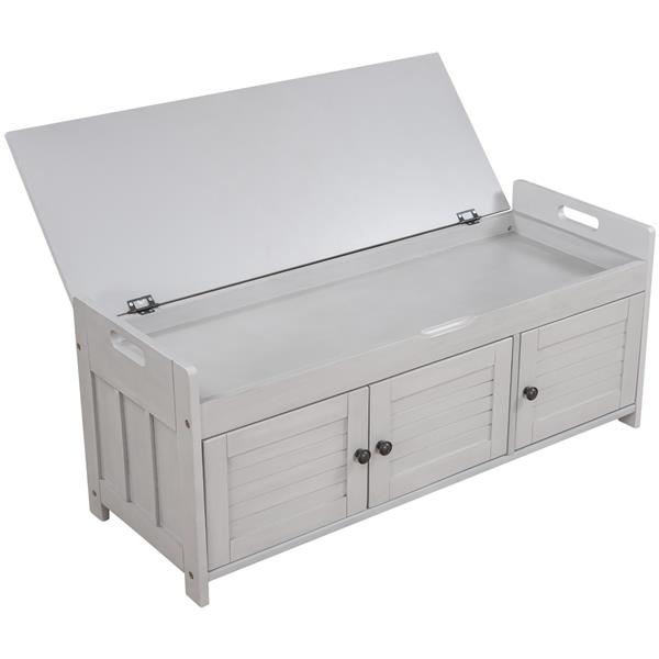 Storage Bench with 3 Shutter-shaped Doors, Shoe Bench with Removable Cushion and Hidden Storage Space (Gray Wash)