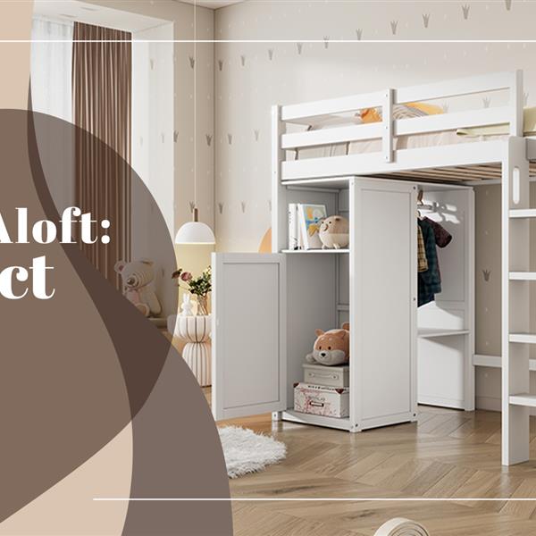 Twin Loft Bed with Wardrobe, Storage Shelves and Ladder, White