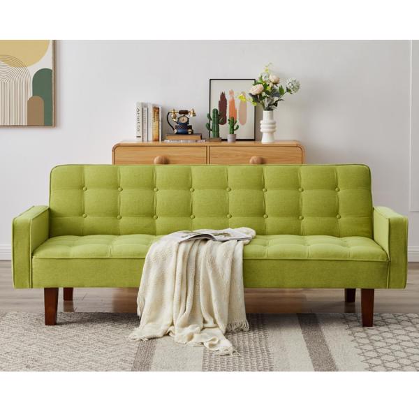 Green, Linen Futon Sofa Bed 73.62 Inch Fabric Upholstered Convertible Sofa Bed, Minimalist Style for Living Room, Bedroom.