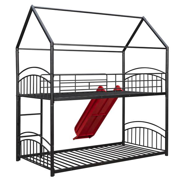 Twin Over Twin Metal Bunk Bed With Slide,Kids House Bed Black+Red