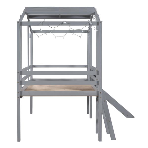 Twin Size Loft Bed with Ladder and Slide, House Bed with Blackboard and Light Strip on the Roof, Gray