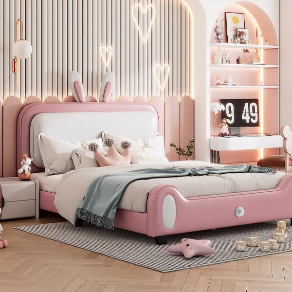 Full size Upholstered Rabbit-Shape Princess Bed ,Full Size Platform Bed with Headboard and Footboard,White+Pink