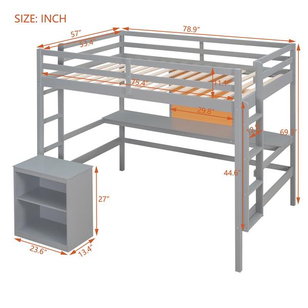 Full size Loft Bed with Desk and Writing Board, Wooden Loft Bed with Desk & 2 Drawers Cabinet- Gray