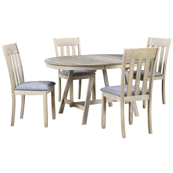 5-Piece Wood Dining Table Set Round Extendable Dining Table with 4 Dining Chairs, Dining Room Table Set for 4 person for Dining Room (Natural Wood Wash)