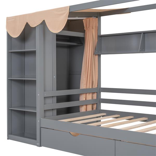 Twin size House Bed with Two Drawers and Wardrobe,Gray