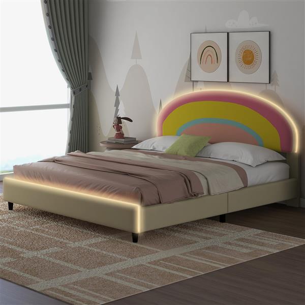 Full Size Upholstered Platform Bed with Rainbow Shaped and Height-adjustbale Headboard,LED Light Strips,Beige