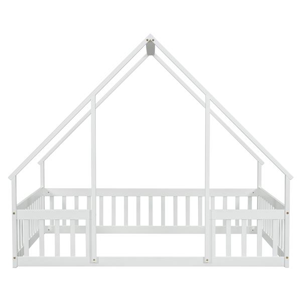 Full Wood House-Shaped Floor Bed with Fence, Guardrails,White