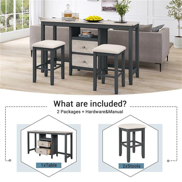 Farmhouse Rustic 3-piece Counter Height Wood Dining Table Set with Cabinet,2 Storage Drawers and 2 Stools for Small Places, Gray and Distressed Light Gray