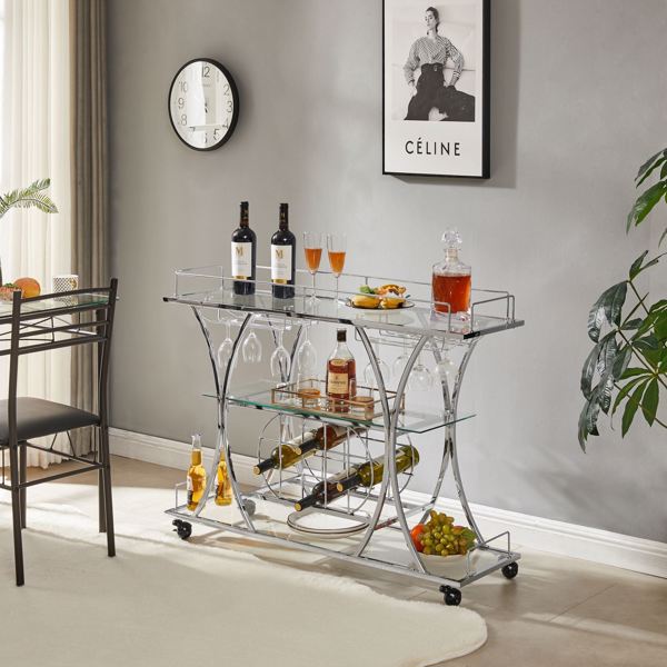 Electroplated Glass Bar Cart, With Wine Rack And Glass Holder, For Kitchen, Serving, Hotel  Silver