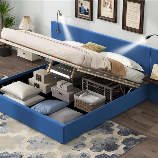 Queen Size Storage Upholstered Hydraulic Platform Bed with 2 Shelves, 2 Lights and USB, Blue