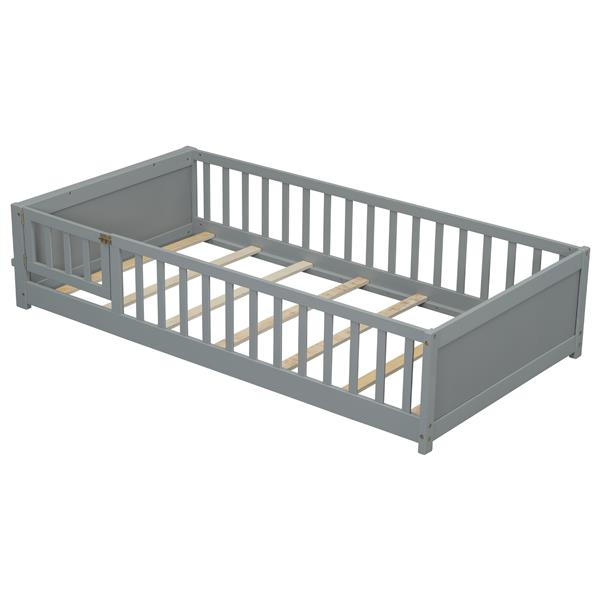 Twin size Floor Platform Bed with Built-in Book Storage Rack, Door,Grey