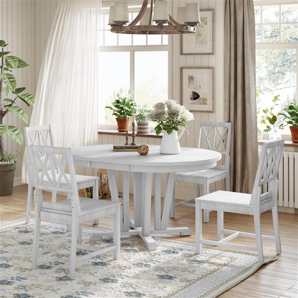 Rustic 5-Piece Extendable Dining Table Set Round Trestle Table and 4 Cross Back Dining Chairs for Kitchen, Dining Room, Gray