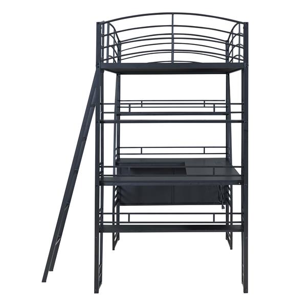 Twin Size Loft Bed with 4 Layers of Shelves and L-shaped Desk, Stylish Metal Frame Bed with a set of Sockets, USB Ports and Wireless Charging, Black