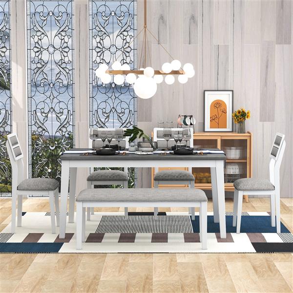 Classic and Traditional Style 6 - Piece Dining Set, Includes Dining Table, 4 Upholstered Chairs & Bench (White+Gray)