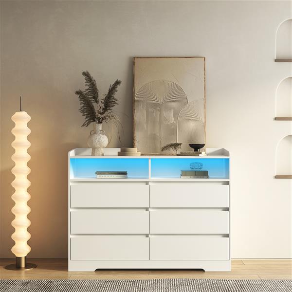 6 Drawer Dresser, White Dresser for Bedroom with LED Lights, Modern Dressers & Chests of Drawers with Sturdy Frame for Living Room, Entryway, Hallway