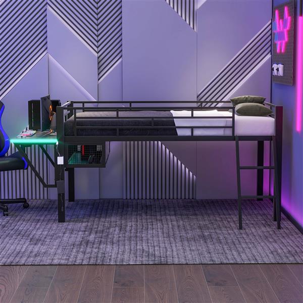 Gaming mid loft bed with desk, LED, Twin, Black