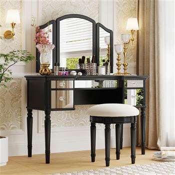 43\\" Dressing Table Set with Mirrored Drawers and Stool, Tri-fold Mirror, Makeup Vanity Set for Bedroom, Black