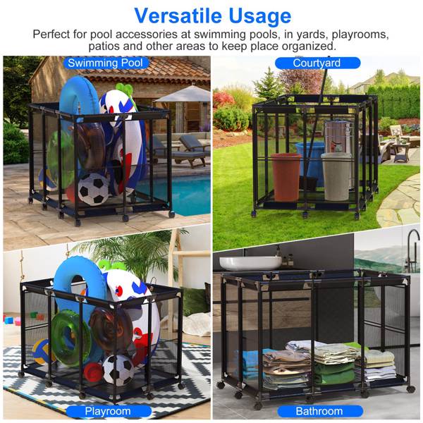 48.4x30.1x33.3in Pool Storage Bin,  210 Gallon for holding swimming equipment，Holder for Noodles, Toys, Floats, Towels, Mesh Organizer for Swimming Equipments with Lockable Wheels