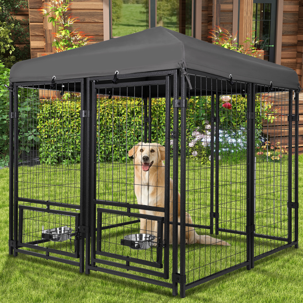 Outdoor Dog Kennel 4.5' x 4.5' x 4.8' with Waterproof Canopy Roof Heavy Duty Metal Dog Cage with Rotating Feeding Door