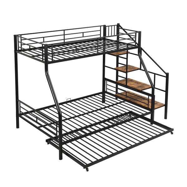 Twin over Full Size Metal Bunk Bed with Trundle and Storage Staircase, Black