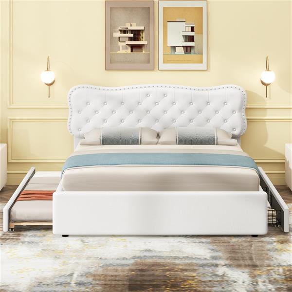 Queen Size Upholstery Platform Bed with Storage Drawers and Trundle,White