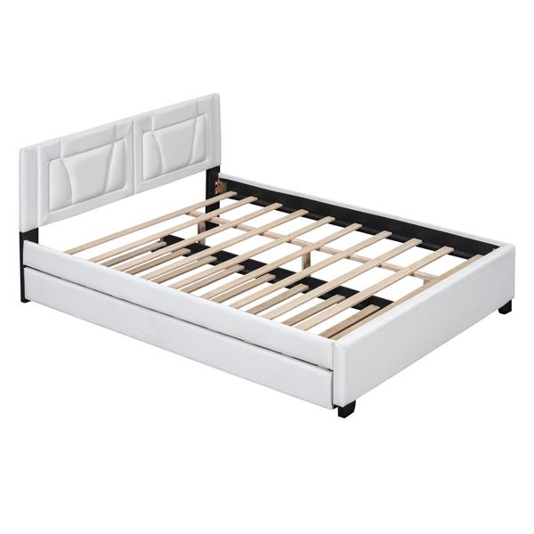 Queen Size Upholstered Platform Bed with Headboard and Twin Size Trundle, White