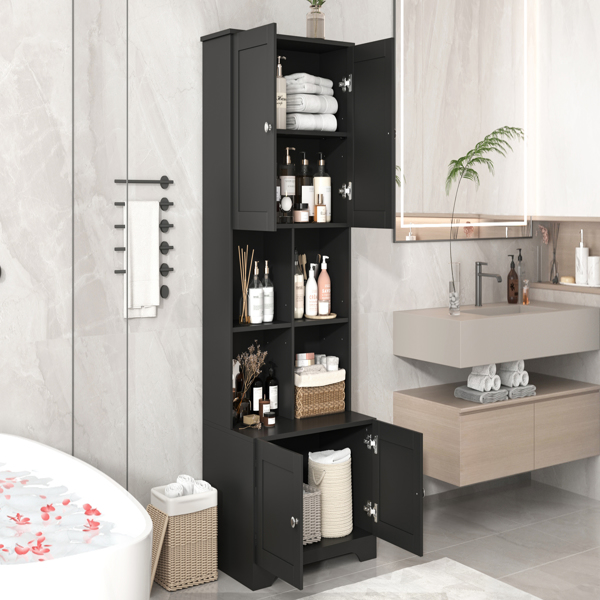 Tall and Wide Bathroom Floor Storage Cabinet, Bathroom Storage Unit, Freestanding Cabinet with 4 Doors, Adjustable Shelves, Open multi-layer Shelves, Black 