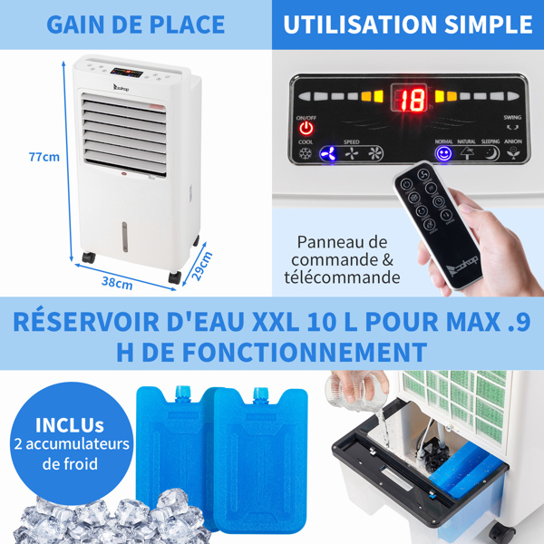 ZOKOP-4 in 1 Portable 324CFM Mobile Air Cooler with Remote Control,cool down,Humidifier, Fan,Ionizer 75W 12H Timer 8L Water Tank,4 Ice Pack,Powerful Air Flow 550m³/h,Variable Mode/Speed