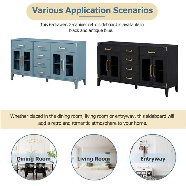 6-drawer and 2-Cabinet Retro Sideboard with Extra Large Storage Space, with ld Handles and Solid Wood Legs, for Kitchen and Living Room (Antique Blue)