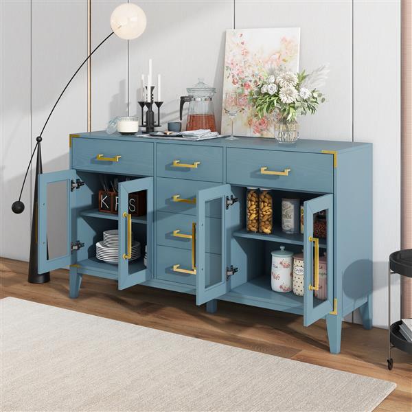 6-drawer and 2-Cabinet Retro Sideboard with Extra Large Storage Space, with ld Handles and Solid Wood Legs, for Kitchen and Living Room (Antique Blue)