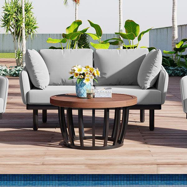 Luxury Modern 4-Piece Outdoor Iron Frame Conversation Set, Patio Chat Set with Acacia Wood Round Coffee Table for Backyard, Deck, Poolside, Indoor Use, Loveseat+Arm Chairs, Gray