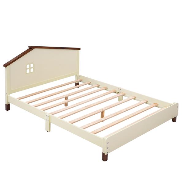 Full Size Wood Platform Bed with House-shaped Headboard  (Cream+Walnut)