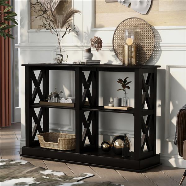 Console Table with 3-Tier Open Storage Spaces and "X" Legs, Narrow Sofa Entry Table for Living Room, Entryway and Hallway (Black)