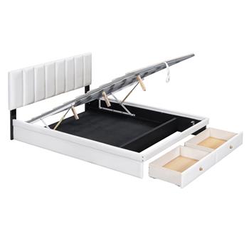 Full Size Upholstered Bed with Hydraulic Storage System and Drawer, White