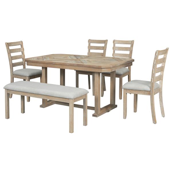 6-Piece Rubber Wood Dining Table Set with Beautiful Wood Grain Pattern Tabletop Solid Wood Veneer and Soft Cushion (Natural Wood Wash)