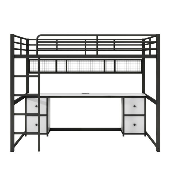 Full Size Metal Loft Bed with Desk, Drawers and Bedside Tray, Charging Station, USB and socket