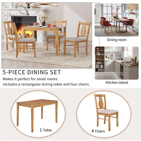 5-Piece Kitchen Dining Table Set, Wooden Rectangular Dining Table and 4 Upholstered Chairs for Kitchen and Dining Room (Drift Wood)