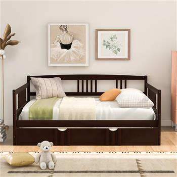 Full Size Daybed Wood Bed with Twin Size Trundle,Espresso