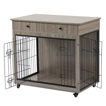  38.4\\" Wooden Dog Crate Furniture Decorative Pet Cage Dog Kennel with 2 Drawers