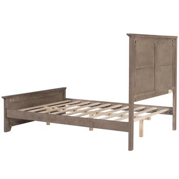 Farmhouse Wooden Platform Full Size Bed with Panel Design Headboard and Footboard for Teenager, Ash Brown