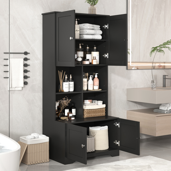 Tall and Wide Bathroom Floor Storage Cabinet, Bathroom Storage Unit, Freestanding Cabinet with 4 Doors, Adjustable Shelves, Open multi-layer Shelves, Black 