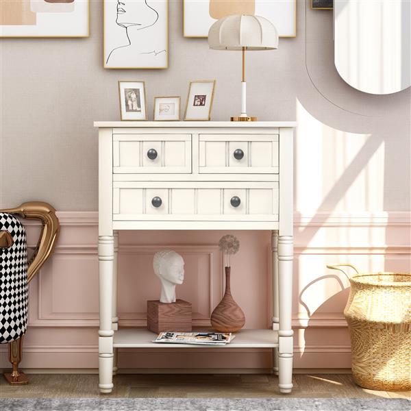 Narrow Console Table, Slim Sofa Table with Three Storage Drawers and Bottom Shelf (Ivory White)